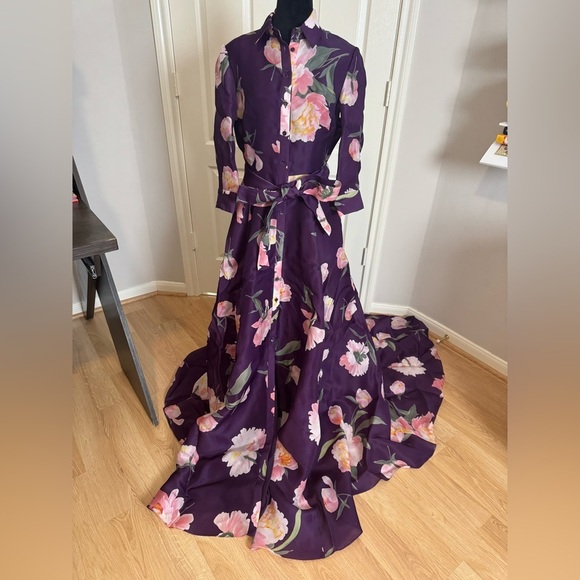 CAROLINA HERRERA Trench Gown in Fig Multi Purple Floral Belted Dress Size 8 NWT - Picture 9 of 13